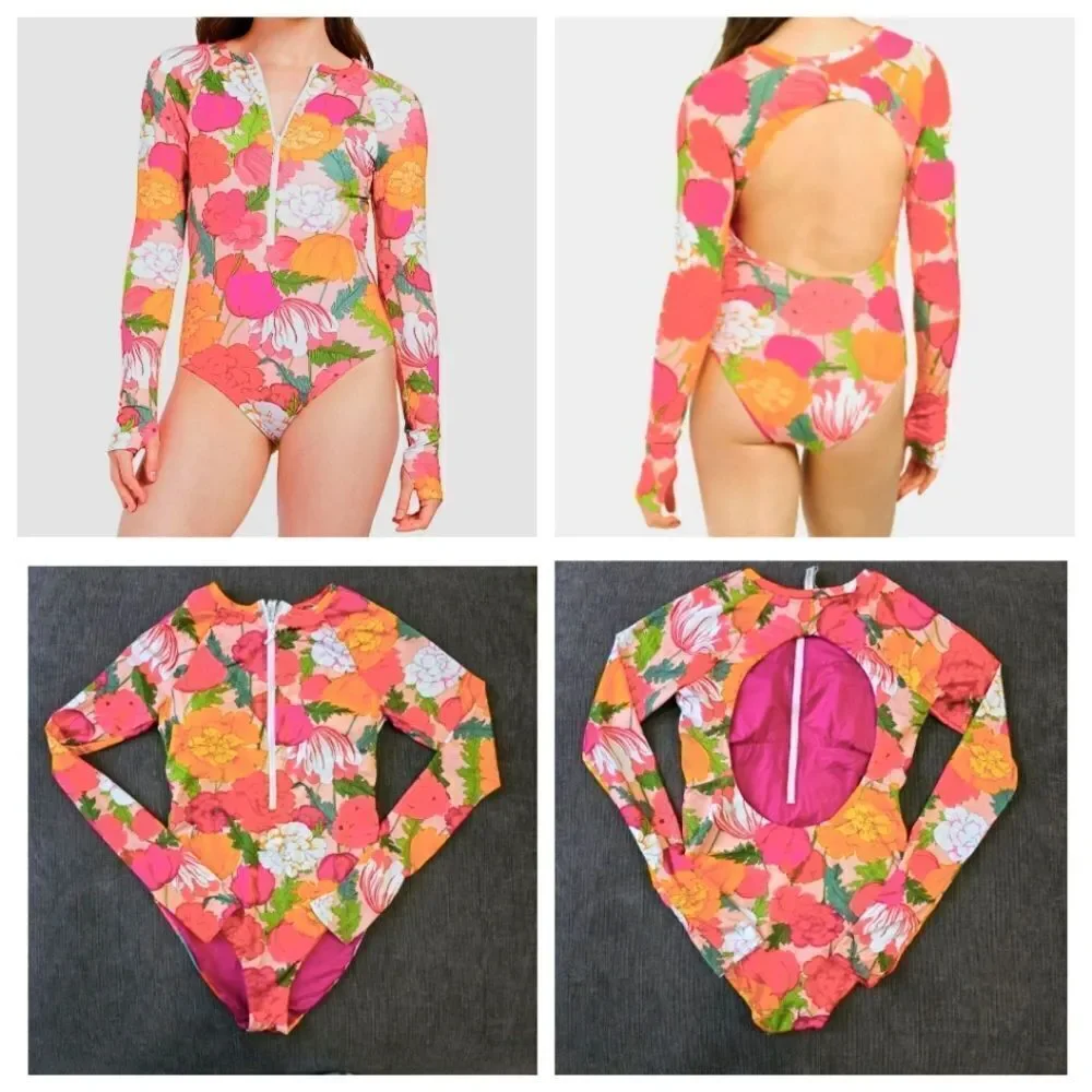 Trina Turk Women's Floral Print Long Sleeves Paddle Suit Swimsuit Size large